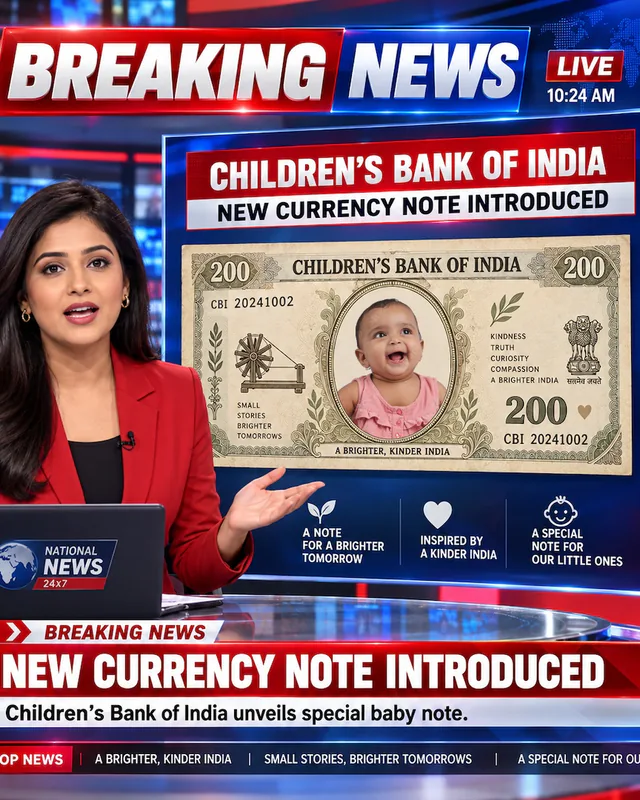 Smiling baby on a pretend Children's Bank of India note presented by a news anchor in a Breaking News studio