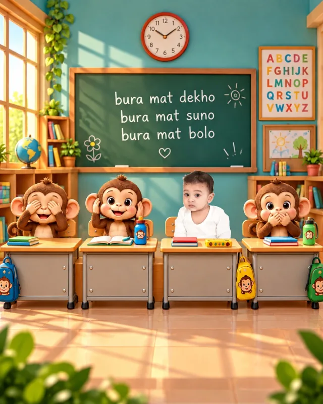 Baby seated at a classroom desk beside three plush monkeys covering their eyes, ears and mouth under a bura mat dekho chalkboard