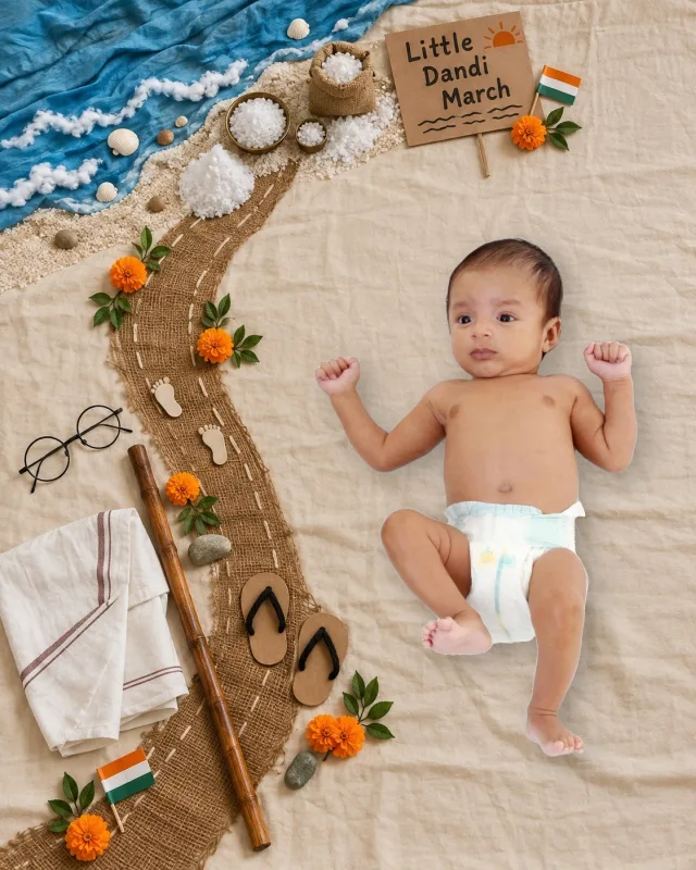 Baby beside a burlap salt-march path lined with tiny footprints, chappals, marigolds and a Little Dandi March signboard