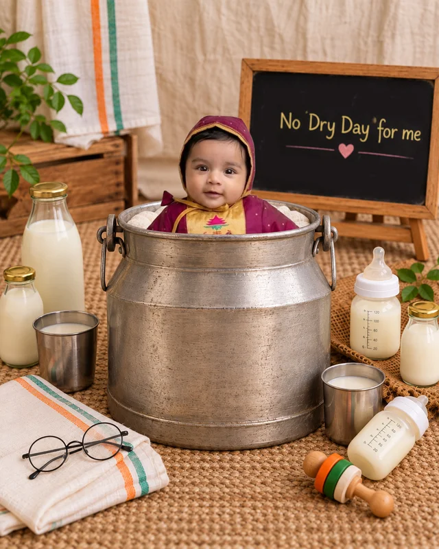 Baby peeking out of a rustic metal milk can beside milk bottles, Gandhi glasses, tricolor cloth and a No Dry Day for me chalkboard