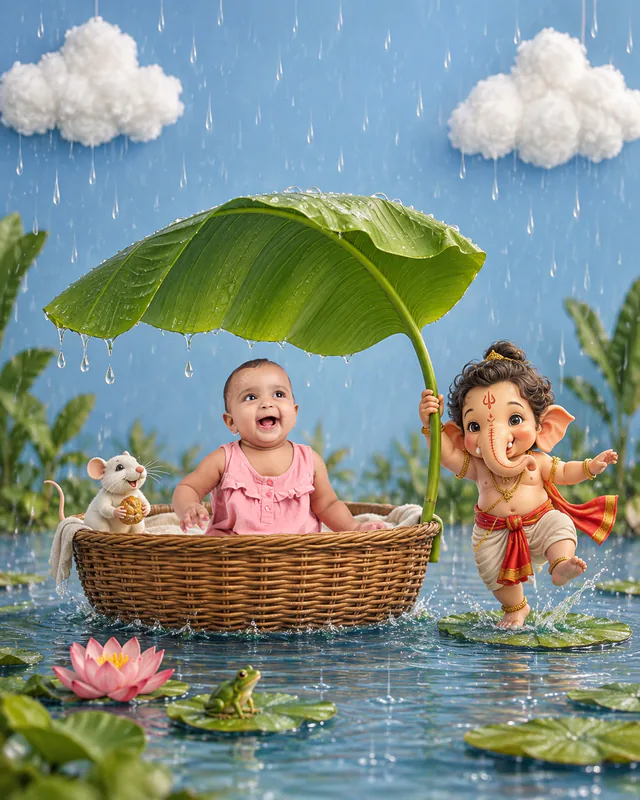 Baby laughing in a basket sheltered by a banana leaf as little Ganesha dances beside a frog and lotus in the rain