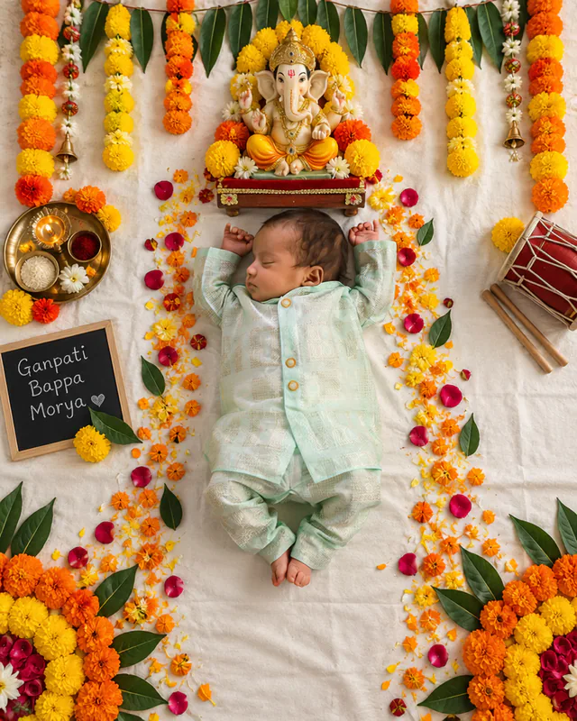 Sleeping baby on a flower-lined path beneath a Ganesha idol, garlands, diya and a Ganpati Bappa Morya chalkboard