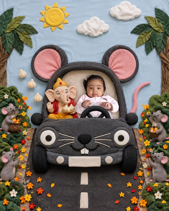 Baby driving a felt mouse-shaped car with Ganesha, flowers and mice along a sunny road