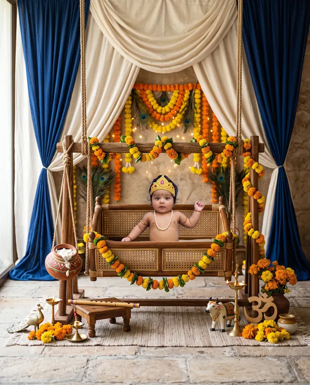 Baby Krishna on a decorated wooden jhula beneath cream and blue curtains with flower garlands