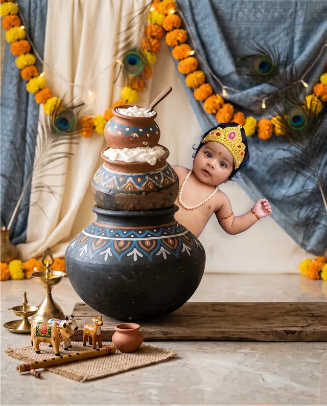 Playful baby Krishna peeking beside stacked butter pots under marigold garlands and peacock feathers