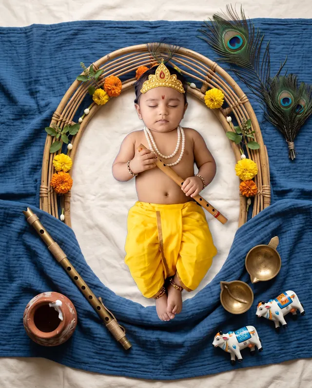 Sleeping baby Krishna in an oval wicker nest on blue fabric with peacock feathers and marigolds