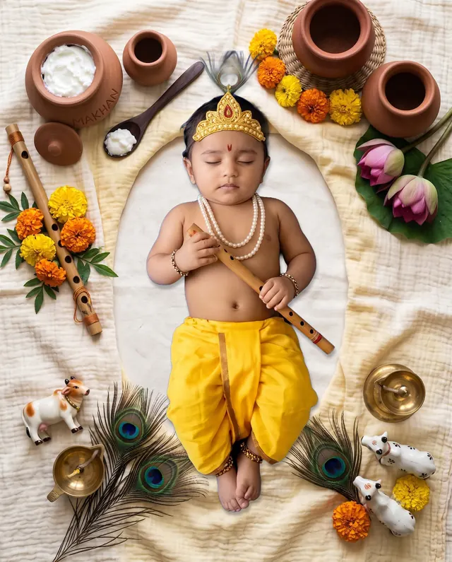 Sleeping baby Krishna on cream fabric surrounded by butter pots, flowers and a flute