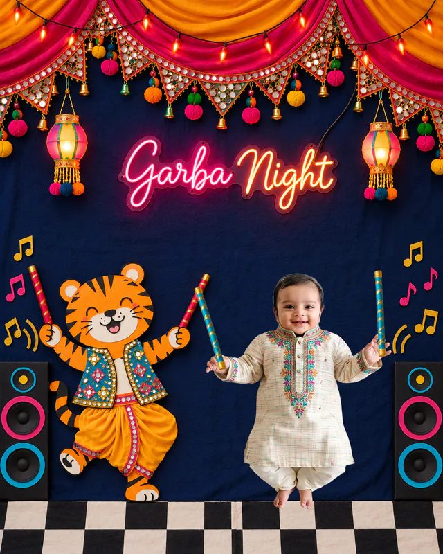Baby and a friendly tiger with dandiya sticks beneath a glowing Garba Night sign, lanterns and colourful drapes