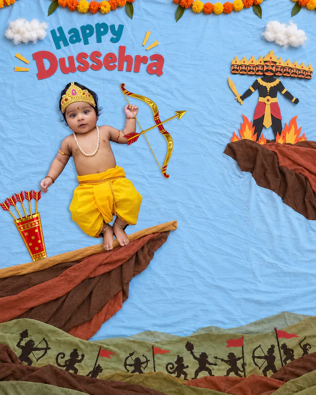 Baby with a golden bow and arrow on a fabric cliff facing a paper-craft ten-headed Ravan across a blue sky, with monkey army silhouettes marching below and a Happy Dussehra greeting
