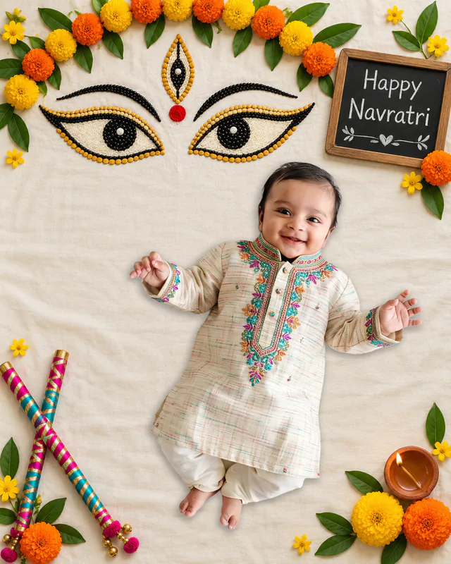 Baby beneath a floral arch around decorative Mata eyes, with a Happy Navratri chalkboard, dandiya sticks and a diya