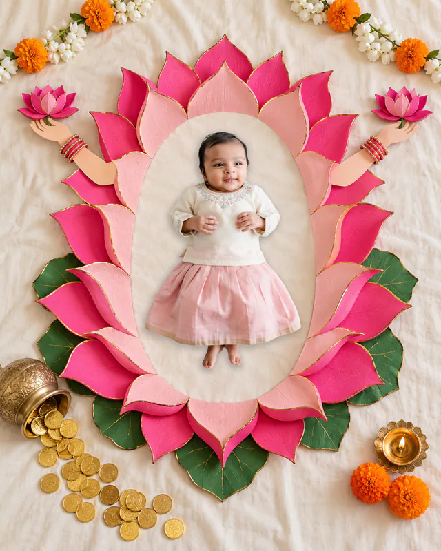 Baby at the centre of a large pink lotus surrounded by marigolds, gold coins and brass vessels