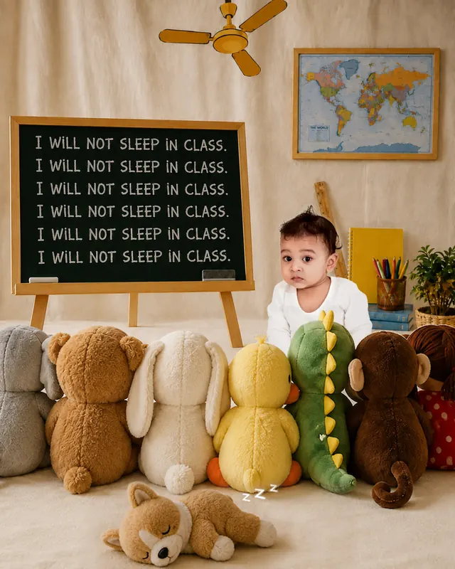 Baby in a playful classroom with plush toy classmates and a chalkboard about sleeping in class