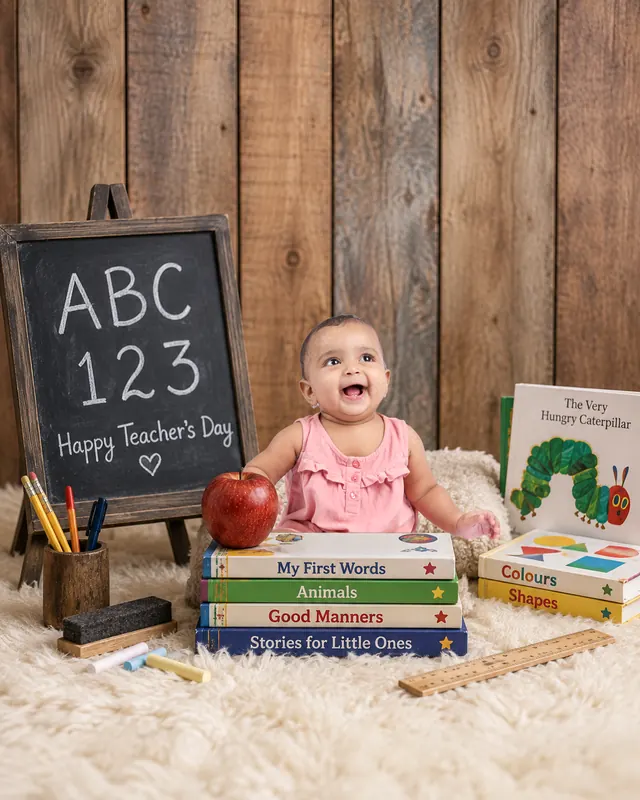 Smiling baby surrounded by storybooks, an apple, pencils and a Happy Teacher's Day chalkboard