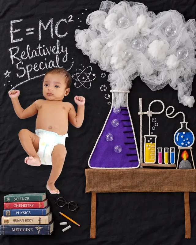 Baby little scientist beside a giant purple flask, science books and chalk equations