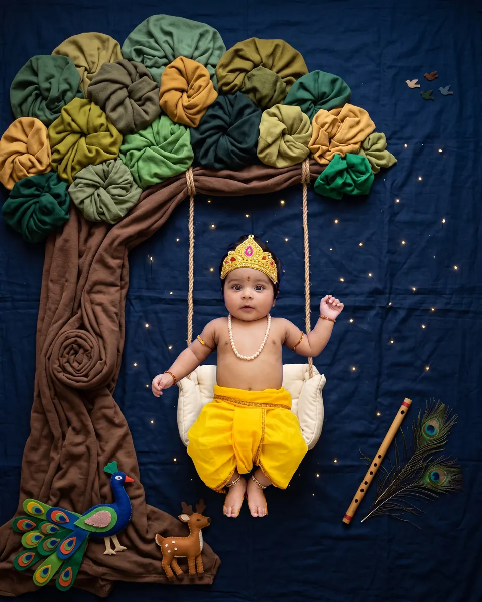 Baby Krishna on a swing beneath a fabric tree and starry night sky